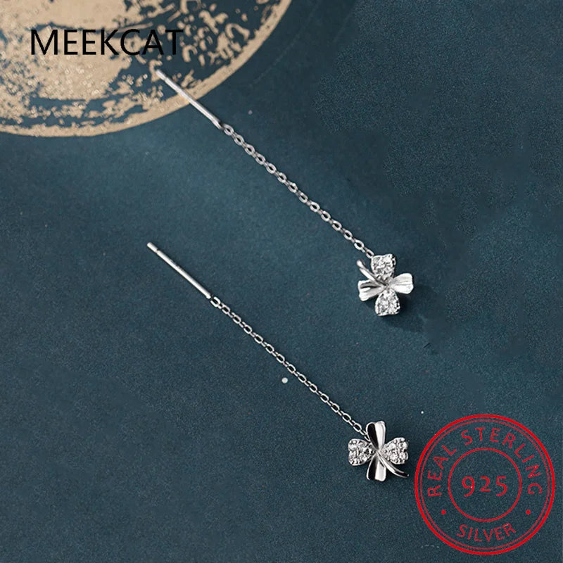 925 Silver Chain Tassel Zircon Clover Drop Earrings Women Party Jewelry