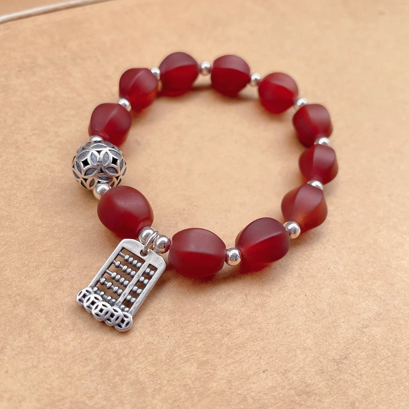 925 Silver Abacus Agate Bead Bracelet Red Beaded Jewelry