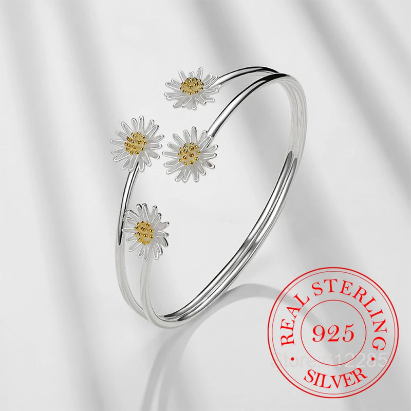 925 Silver Adjustable Daisy Flower Charm Cuff Bracelet & Bangles