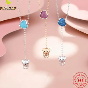 925 Silver Amazonite Heart Tassel Bear Pendant Necklace Women Fine Jewelry