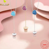 925 Silver Amazonite Heart Tassel Bear Pendant Necklace Women Fine Jewelry