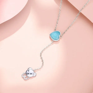 925 Silver Amazonite Heart Tassel Bear Pendant Necklace Women Fine Jewelry