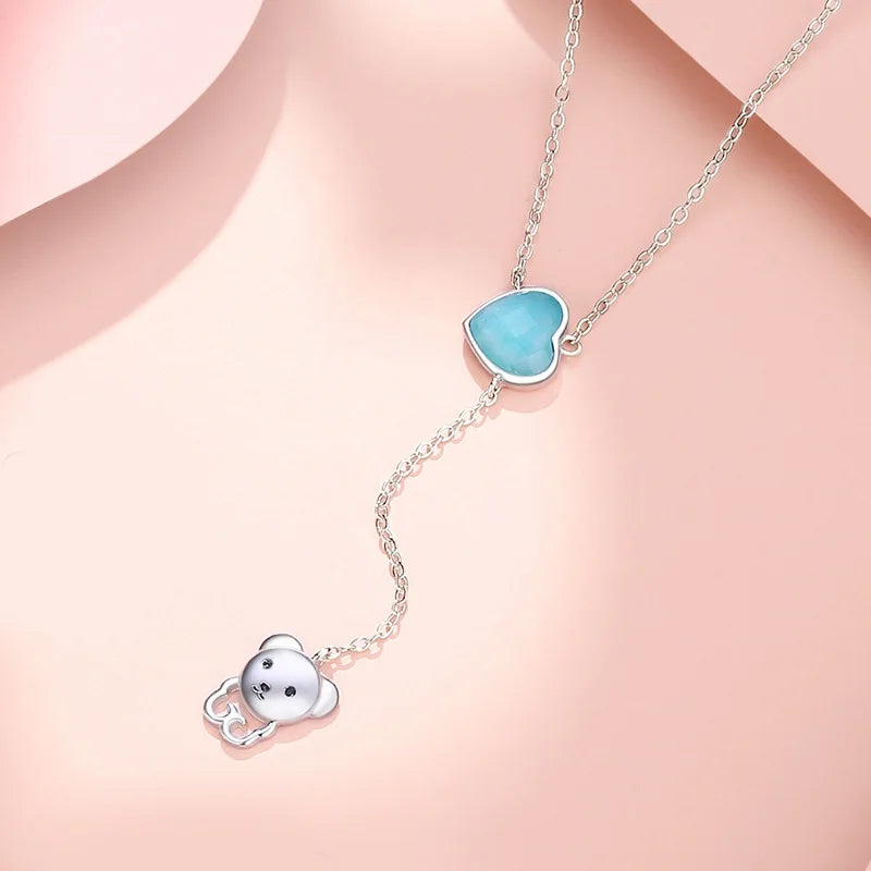 925 Silver Amazonite Heart Tassel Bear Pendant Necklace Women Fine Jewelry