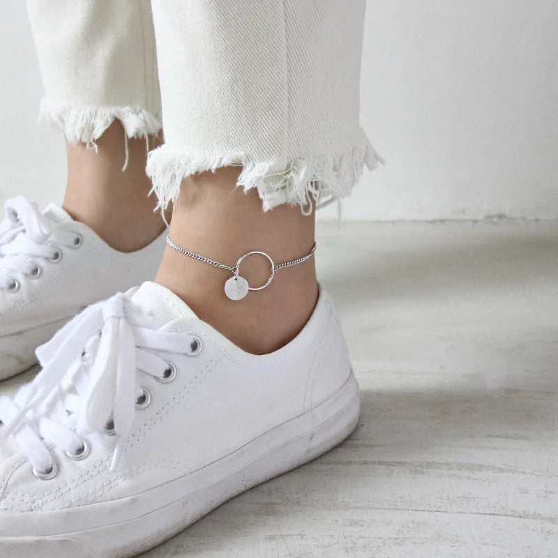 925 Silver Anklet Geometric Round Tag Foot Chain Jewelry Gift