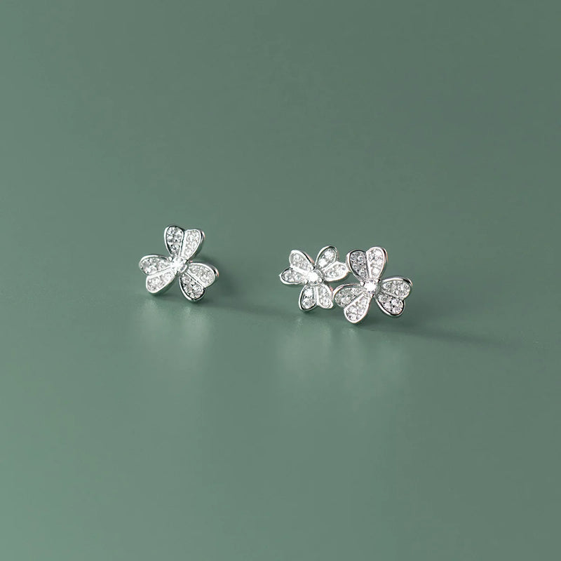 925 Silver Asymmetric Trefoil Stud Earrings Zircon Studs Women Girls