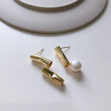925 Silver Asymmetry Earring Tube Pearl Studs OL Style