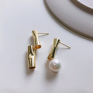 925 Silver Asymmetry Earring Tube Pearl Studs OL Style