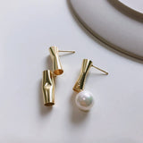 925 Silver Asymmetry Earring Tube Pearl Studs OL Style
