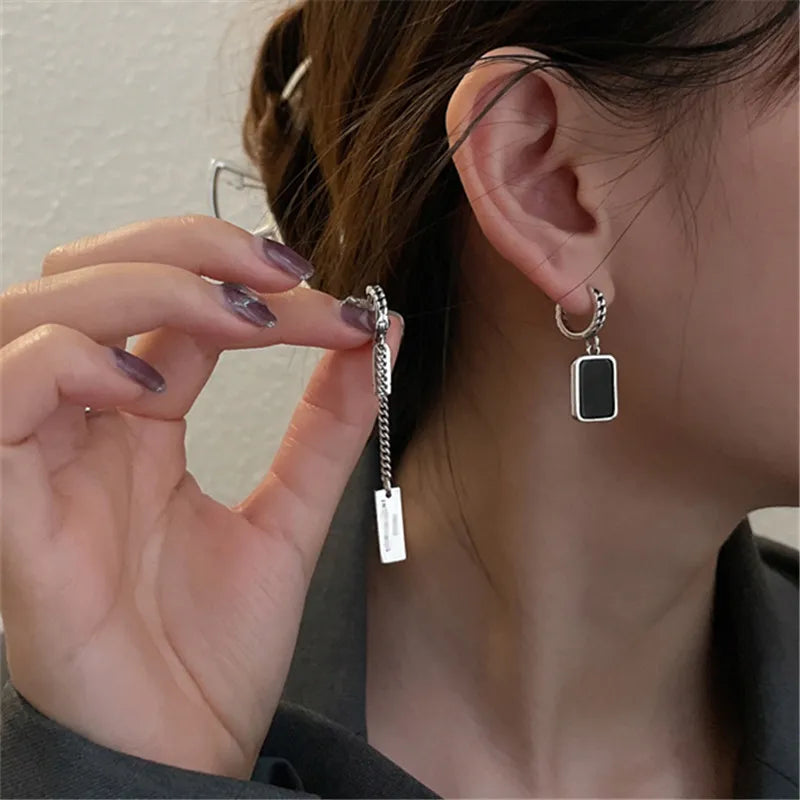 925 Silver Long Square Drop Earrings Asymmetry Women Wedding Party Jewelry