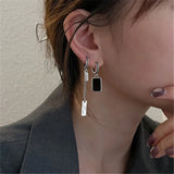 925 Silver Long Square Drop Earrings Asymmetry Women Wedding Party Jewelry