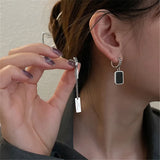 925 Silver Long Square Drop Earrings Asymmetry Women Wedding Party Jewelry