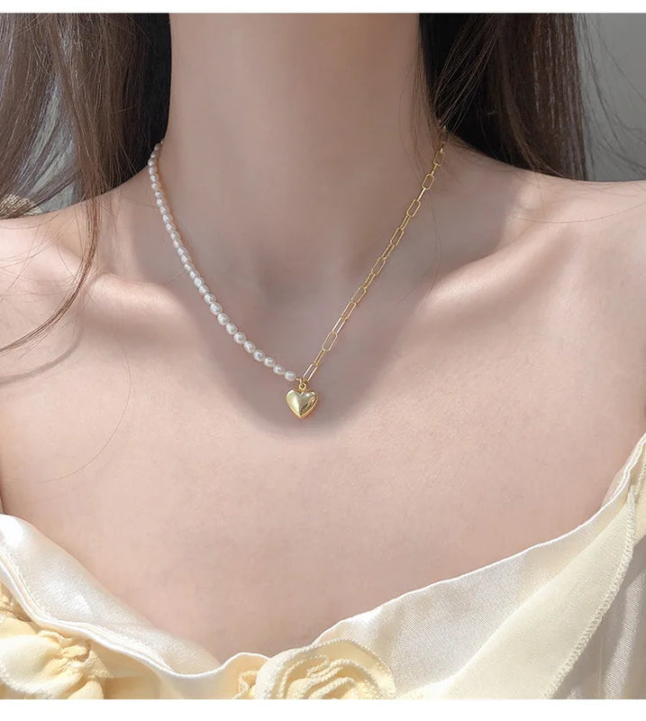 925 Silver Natural Pearl Heart Pendant Necklace Women
