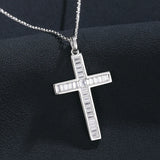 925 Silver Baguette Cross Pendant Iced CZ Womens Necklace