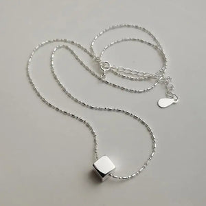 925 Silver Bead Chain Sugar Cube Pendant Necklace Platinum Plated