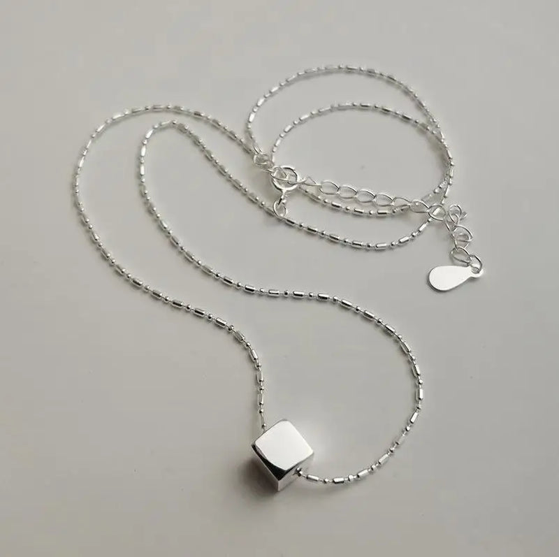 925 Silver Bead Chain Sugar Cube Pendant Necklace Platinum Plated