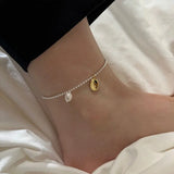 925 Silver Beads Anklet Geometric Oval Charms Leg Bracelet