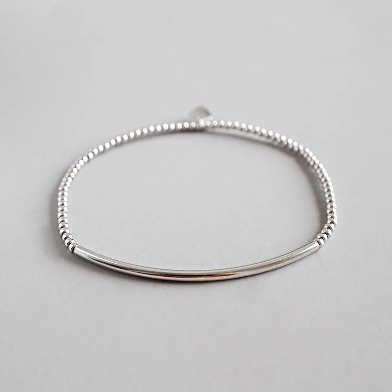 925 Silver Beads Bracelet, Hollow Tube Elastic Rope Bangles