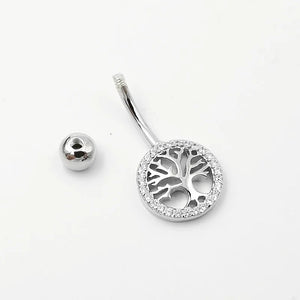 925 Silver Belly Button Ring Tree Barbell Navel Bar Zircon Stones Jewelry