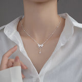 925 Silver Bowknot Chain Pendant Necklace Heart Tassel Fine Jewelry