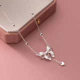 925 Silver Bowknot Chain Pendant Necklace Heart Tassel Fine Jewelry
