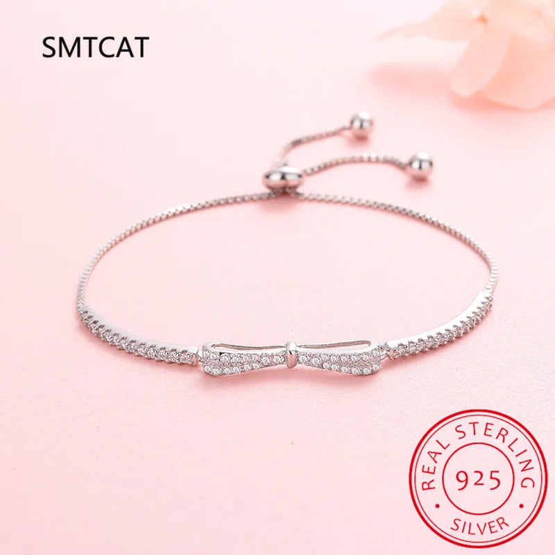 925 Silver Bowknot Zircon Tennis Bracelet Wedding Jewelry