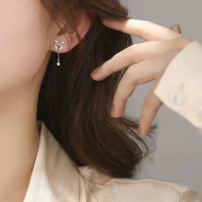 925 Silver Bowknot Tassel Earrings Hypoallergenic Jewelry