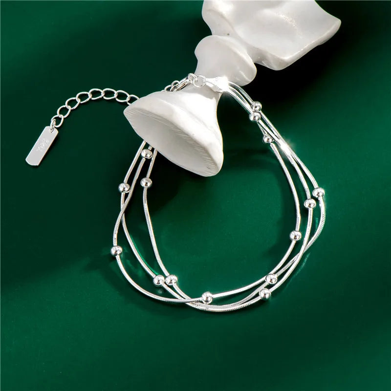 925 Sterling Silver Bracelet Women Three Layers Snake Chain Hand Jewelry