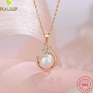 925 Silver Shell Pearl Butterfly Pendant Necklace Rose Plating Women