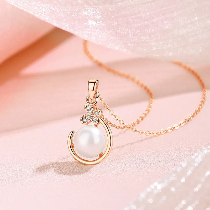 925 Silver Shell Pearl Butterfly Pendant Necklace Rose Plating Women