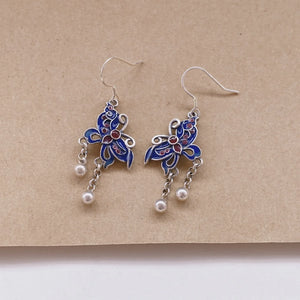 925 Silver Butterfly Tassel Earrings Enamel Ethnic Retro Long Piercing