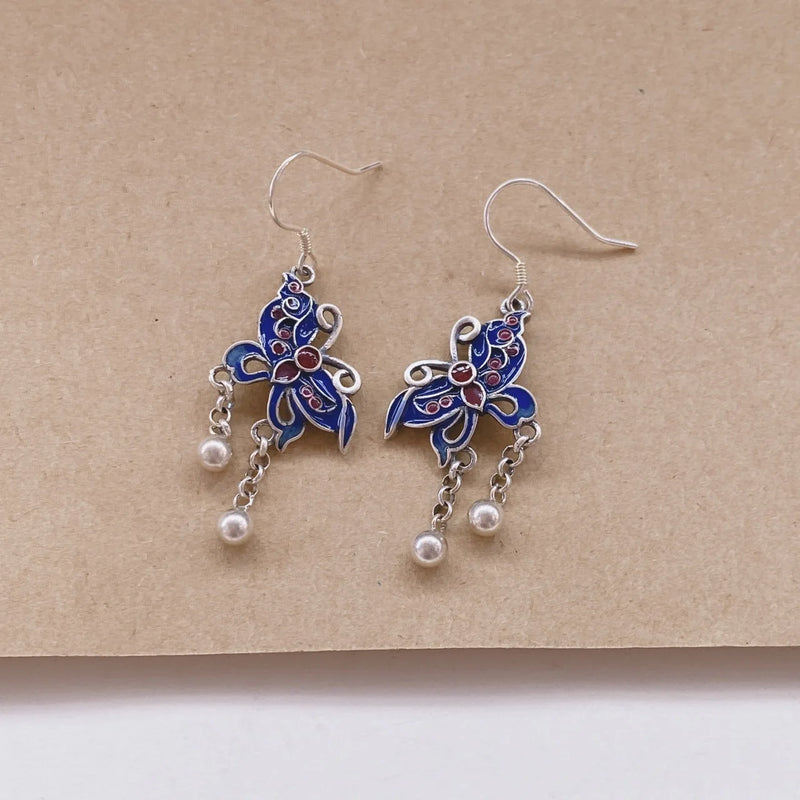 925 Silver Butterfly Tassel Earrings Enamel Ethnic Retro Long Piercing