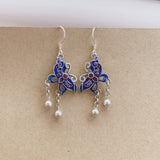 925 Silver Butterfly Tassel Earrings Enamel Ethnic Retro Long Piercing