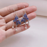 925 Silver Butterfly Tassel Earrings Enamel Ethnic Retro Long Piercing