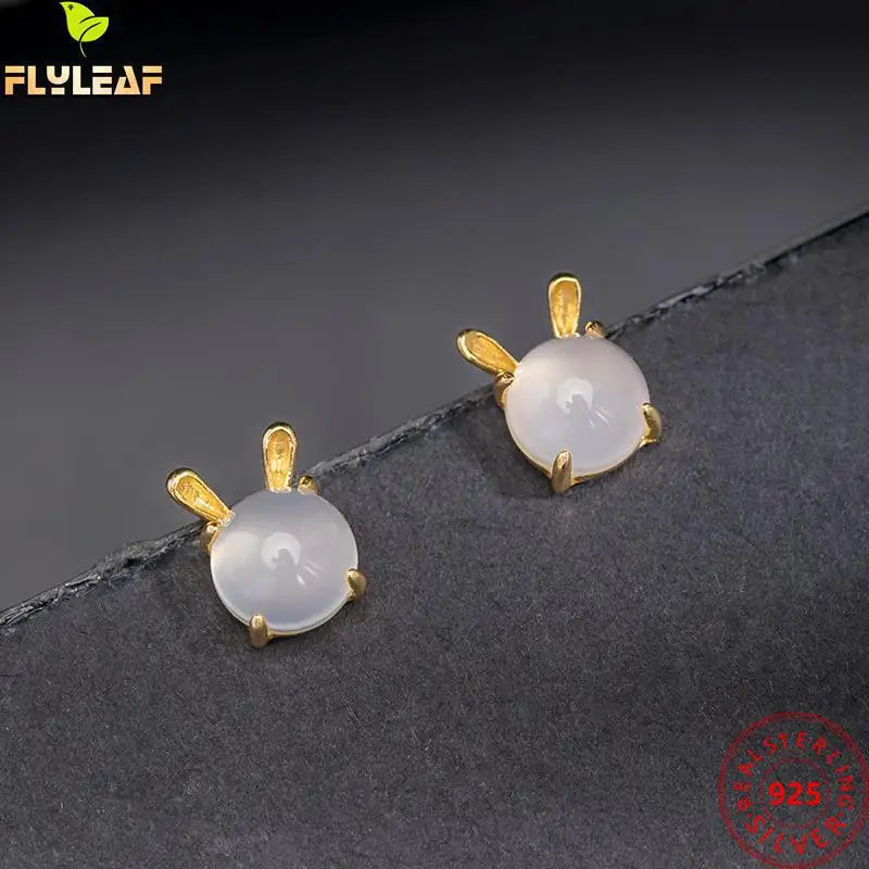 925 Silver Chalcedony Rabbit Stud Earrings Personalized 18k Plating