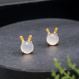 925 Silver Chalcedony Rabbit Stud Earrings Personalized 18k Plating