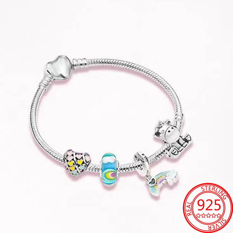 925 Sterling Silver Rainbow Heart Unicorn Charm Bracelet Women Gift