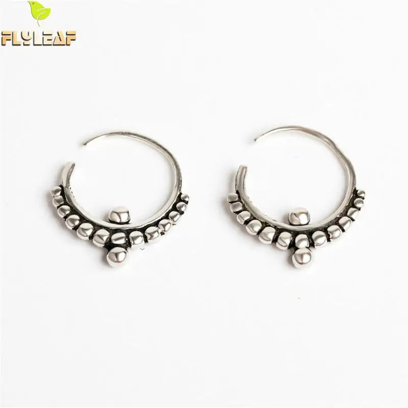 925 Silver Circle Bead Hoop Earrings Vintage Femme Jewelry