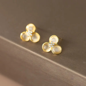 925 Silver Clover Opal Stud Earrings Golden Fine Jewelry for Women