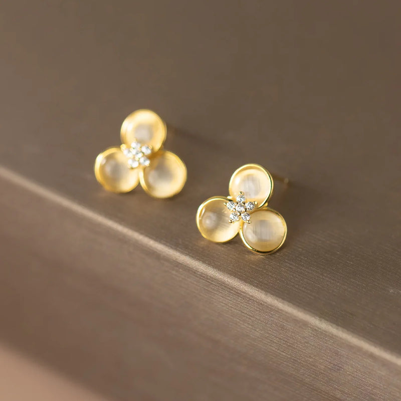 925 Silver Clover Opal Stud Earrings Golden Fine Jewelry for Women