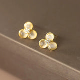 925 Silver Clover Opal Stud Earrings Golden Fine Jewelry for Women