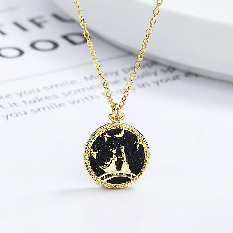 925 Silver Cowherd & Weaver Girl Necklace Pendant 14K Plated