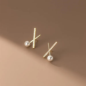 925 Sterling Silver Cross Zircon Stud Earrings For Women Girl Synthetic Pearl