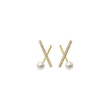 925 Sterling Silver Cross Zircon Stud Earrings For Women Girl Synthetic Pearl