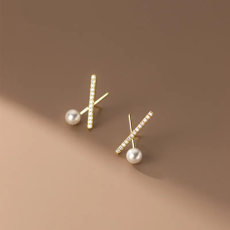 925 Sterling Silver Cross Zircon Stud Earrings For Women Girl Synthetic Pearl