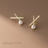 925 Sterling Silver Cross Zircon Stud Earrings For Women Girl Synthetic Pearl