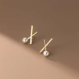 925 Sterling Silver Cross Zircon Stud Earrings For Women Girl Synthetic Pearl