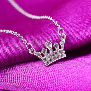 925 Silver Crystal Crown Charm Pendant Choker Necklace for Women