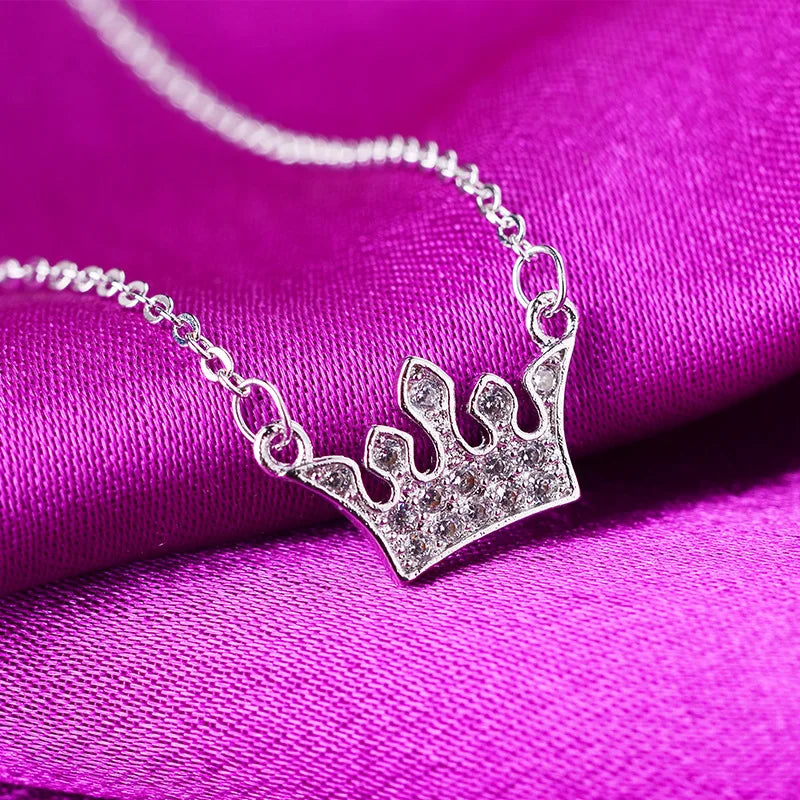 925 Silver Crystal Crown Charm Pendant Choker Necklace for Women