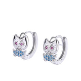 925 Sterling Silver Owl Hoop Earrings Crystal Animals Wedding Jewelry