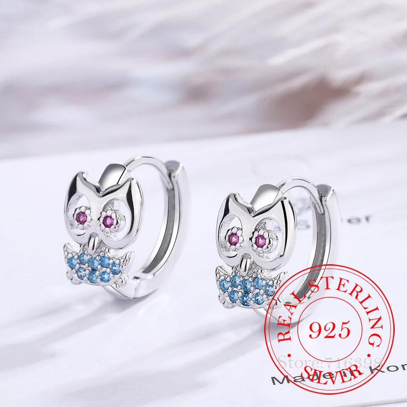 925 Sterling Silver Owl Hoop Earrings Crystal Animals Wedding Jewelry